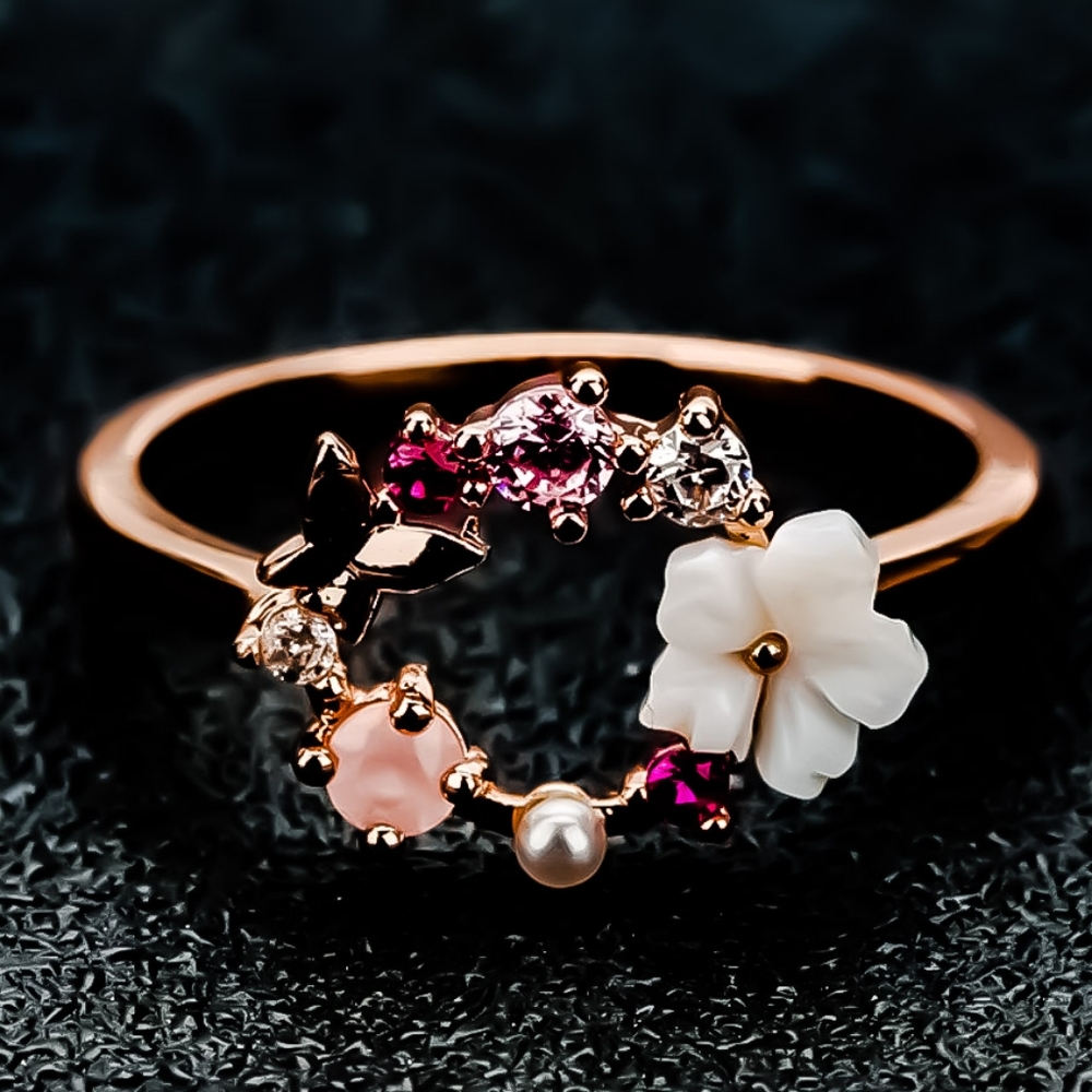 925 Hibiscus Pearl Rose Quartz Adjustable Ring - Picture 1 of 4